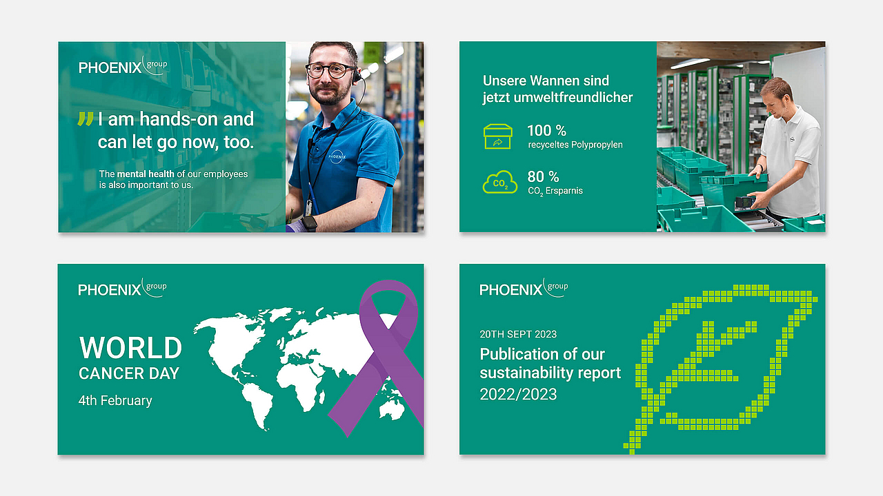 Collage von vier Postings der PHOENIX group: Ein Mitarbeiter mit Fokus auf Mental Health, Informationen zu umweltfreundlichen Transportwannen aus Recyclingmaterial, Weltkrebstag-Banner mit Weltkarte und Ankündigung des Nachhaltigkeitsberichts vom 20. September 2023.