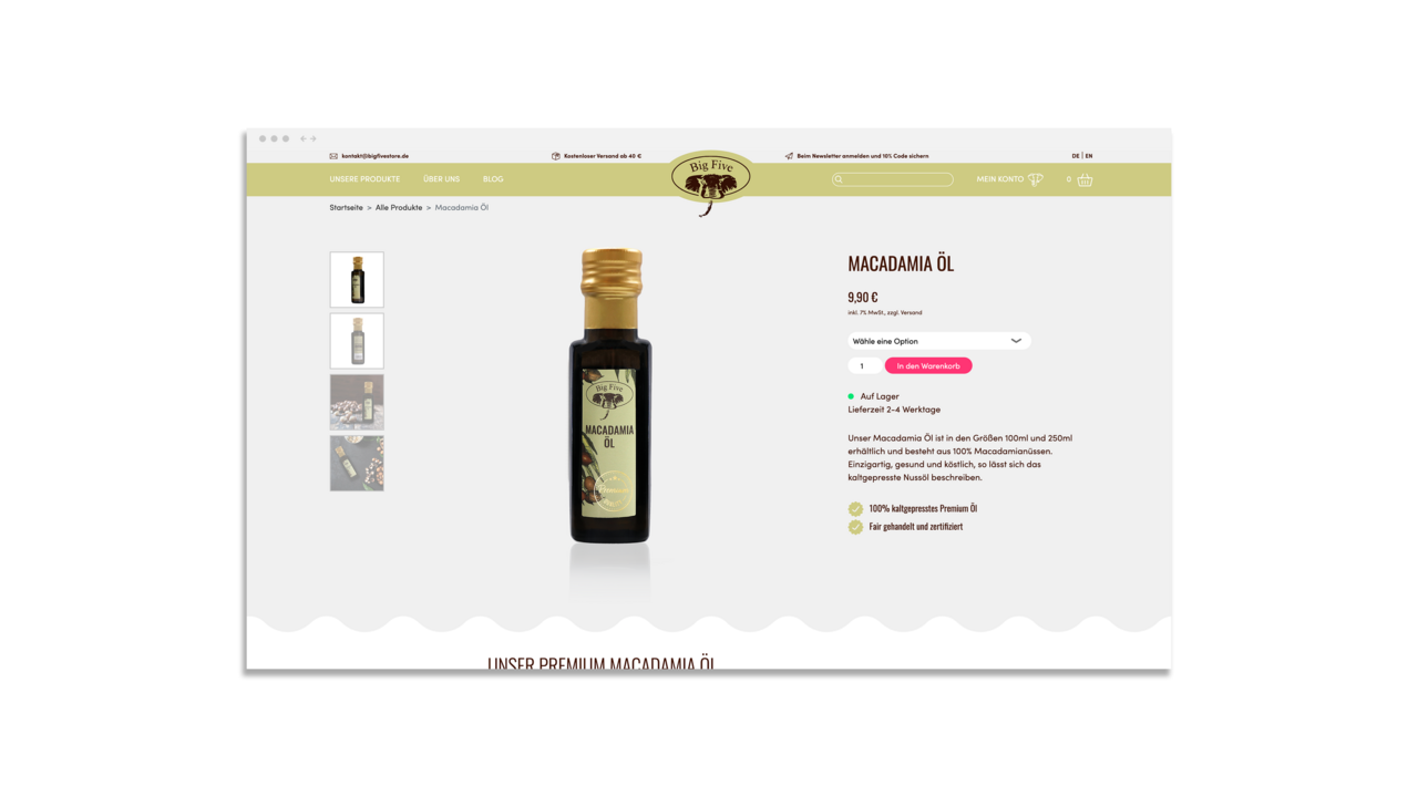 Eine Produktdetailseite eines Produkts im Big Five Shop