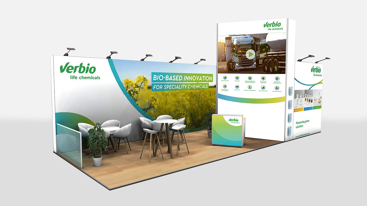 Moderner Messestand von Verbio Life Chemicals zum Thema Bio-Based Innovation für Spezialchemikalien mit Sitzbereich und Produktpräsentation.