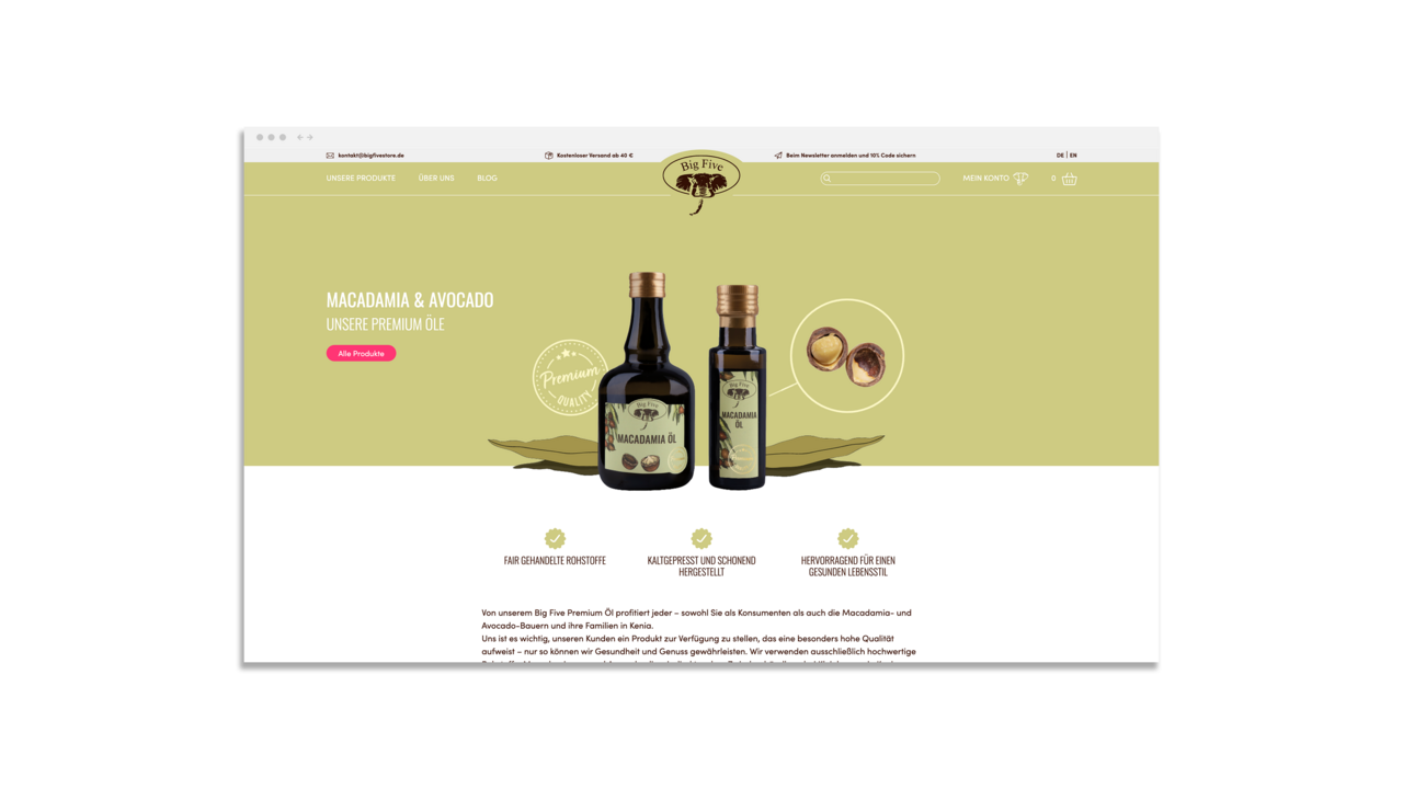 Startseiten Screen des Big Five Shops