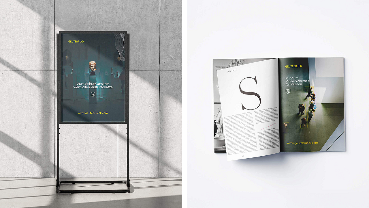 Geutebrück Werbekampagne für Museumssicherheit: Plakatständer mit Slogan „Zum Schutz unserer wertvollen Kulturschätze“ und aufgeschlagene Broschüre über Video-Sicherheit.