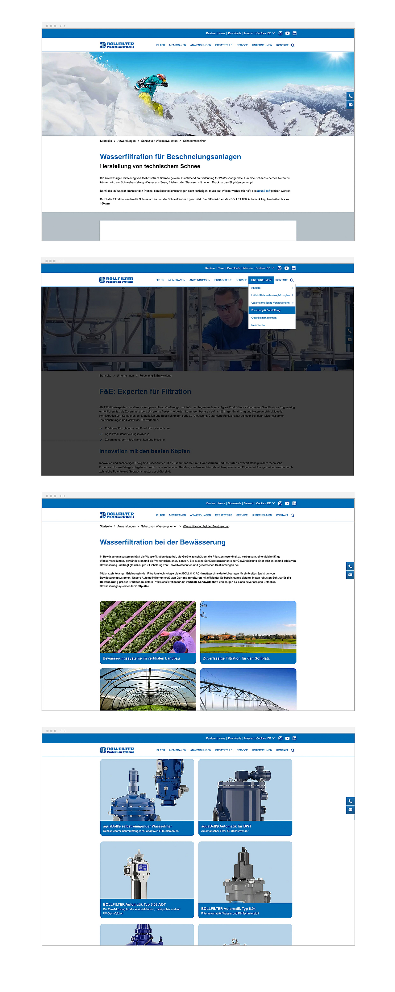 Unterseiten der Bollfilter Webseite