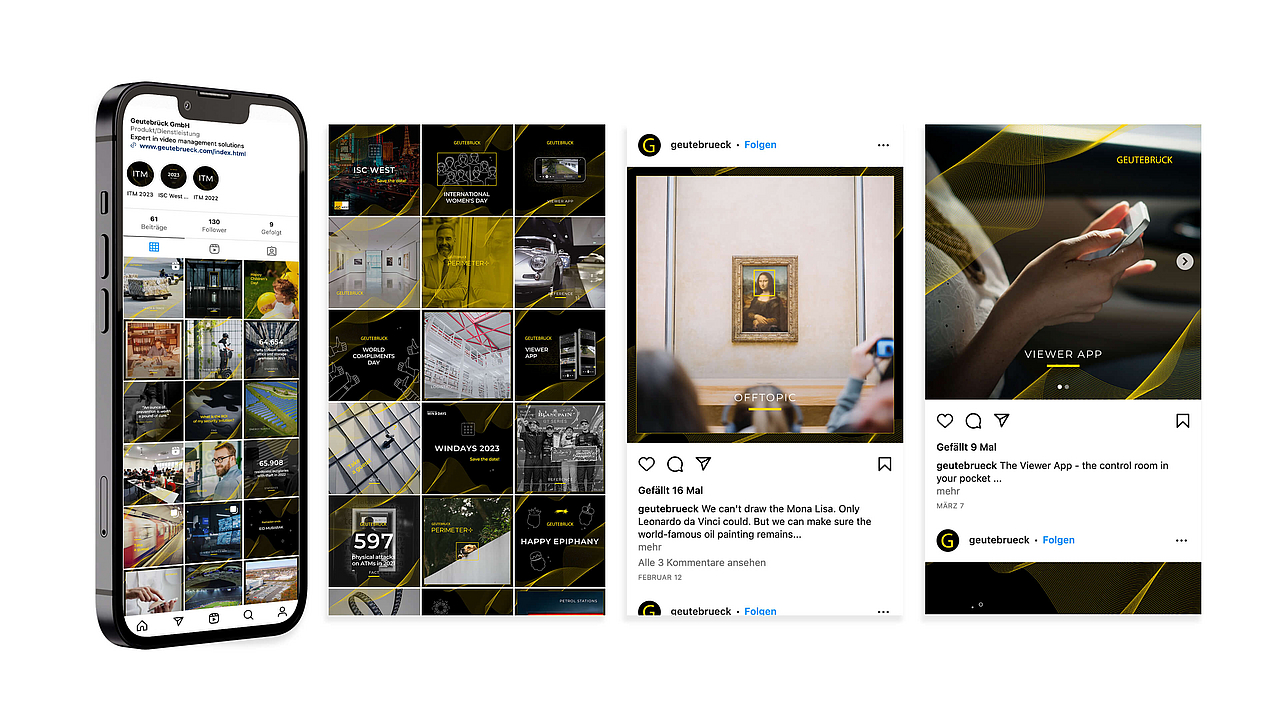 Collage aus einem Smartphone mit der Geutebrück Instagram-Seite und verschiedenen Social-Media-Beiträgen zu Video-Sicherheitstechnologien und der Viewer App.