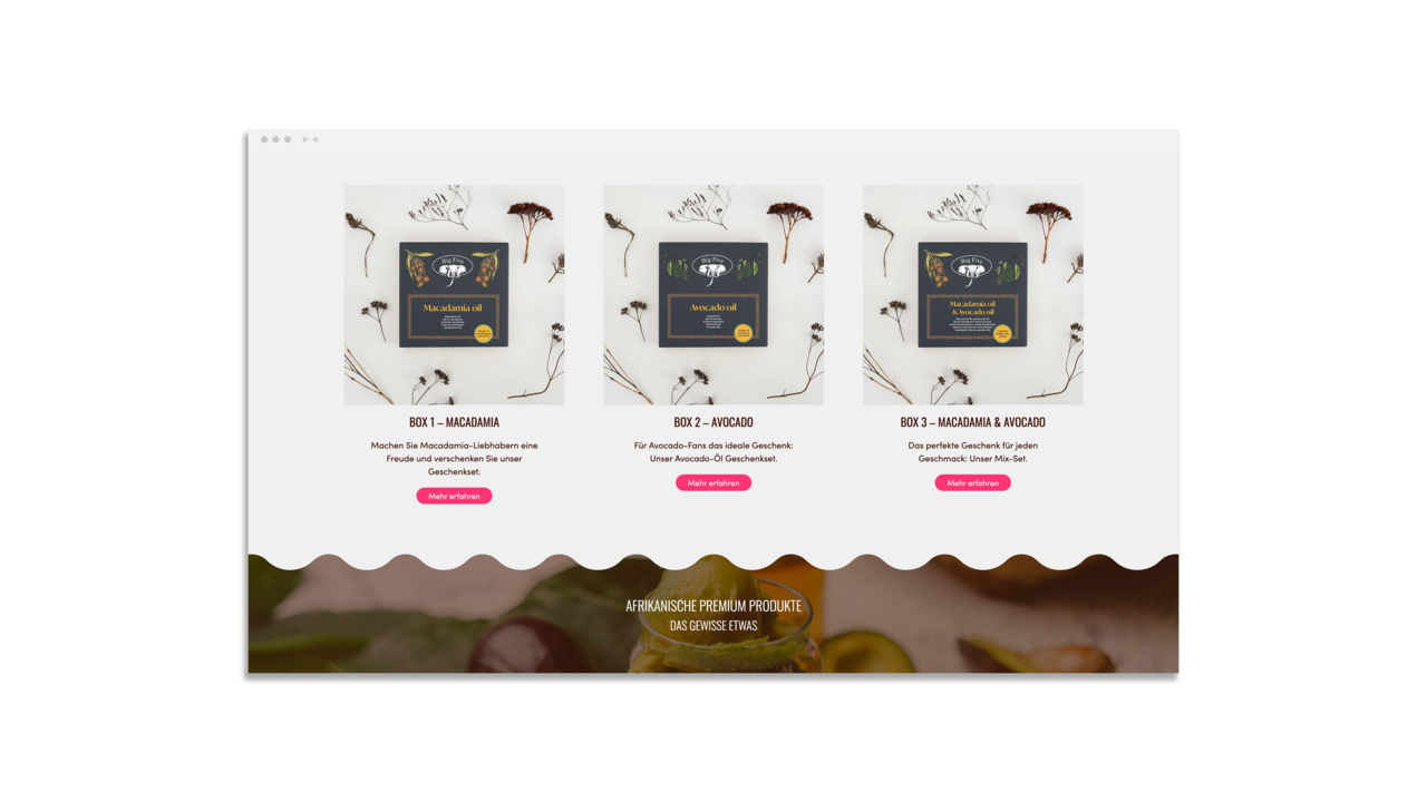 Produktauswahl auf der Startseite des Big Five Shops