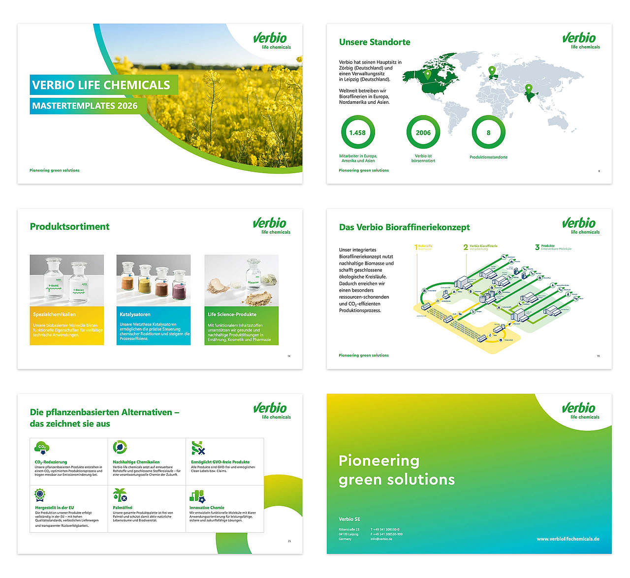 Übersicht der Verbio Life Chemicals Powerpoint-Mastertemplates 2026 zu Standorten, Produktsortiment, Bioraffineriekonzept und nachhaltigen chemischen Alternativen.