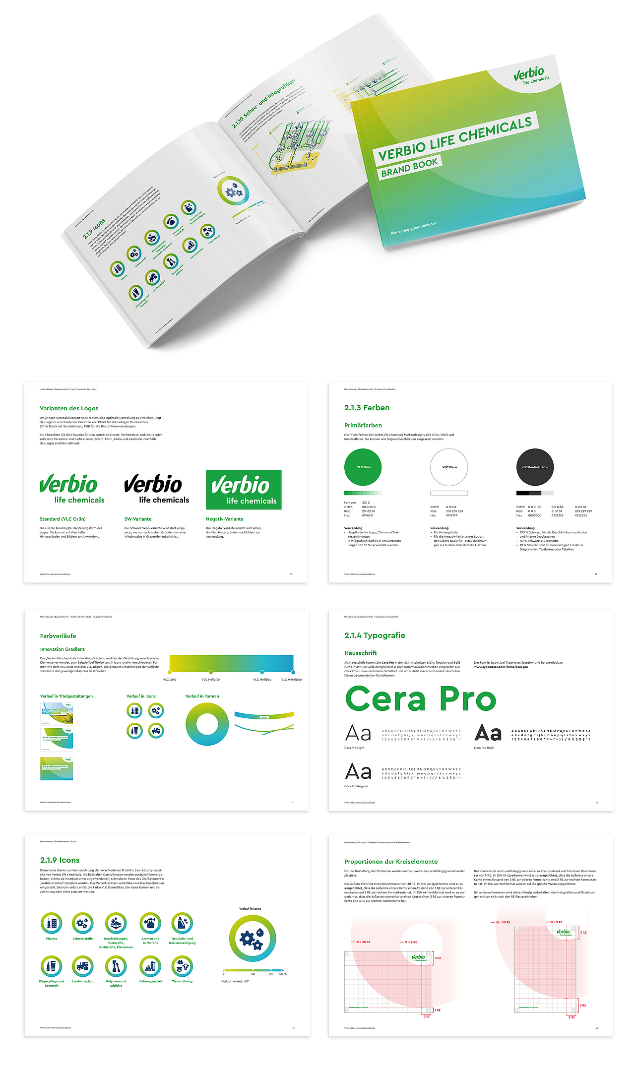 Mockup des Verbio Life Chemicals Brand Books mit Logo-Varianten, Farbpalette und der Hausschrift Cera Pro.