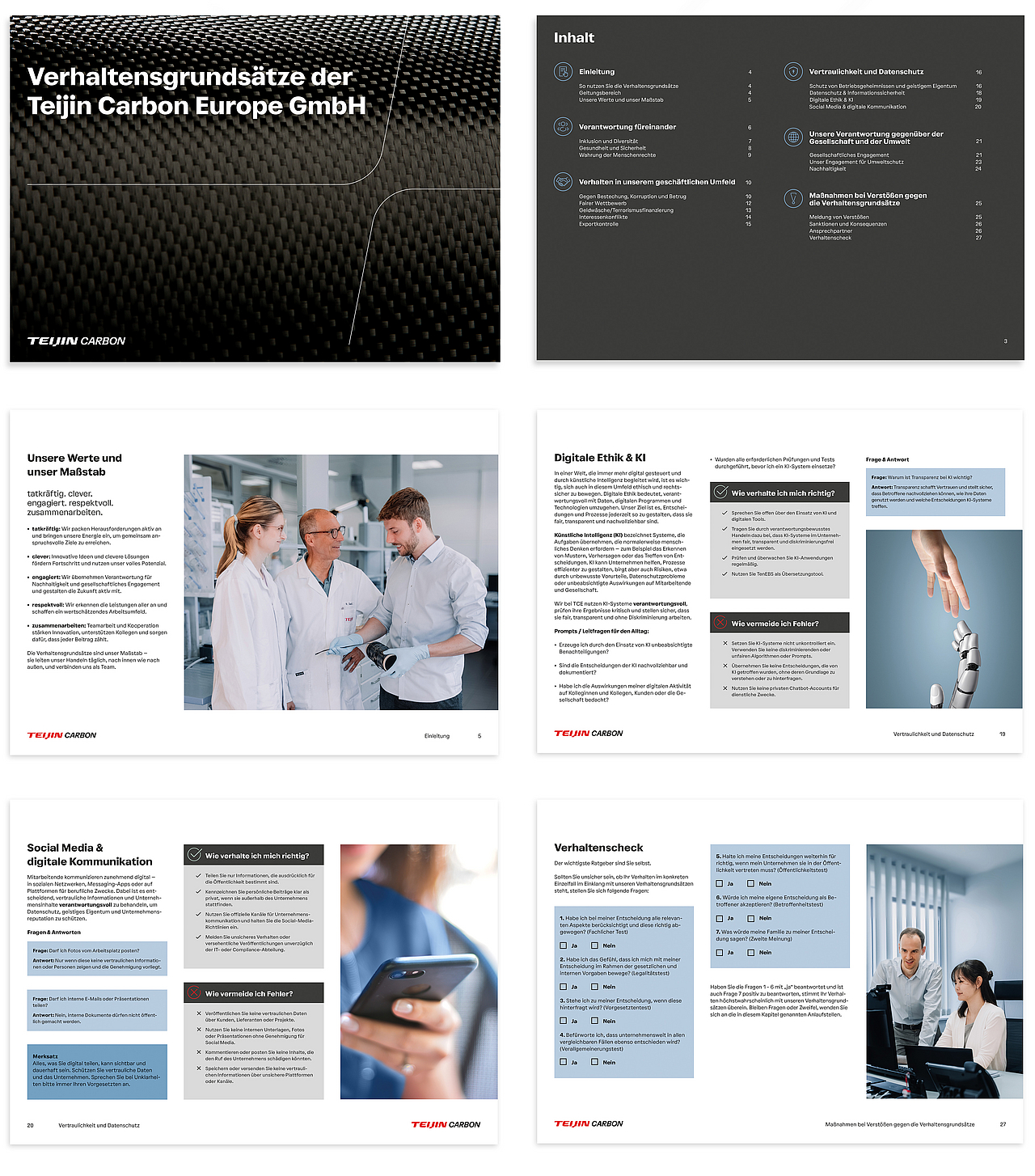 Collage von Seiten aus den Verhaltensgrundsätzen der Teijin Carbon Europe GmbH mit Text und Bildern von Mitarbeitenden.