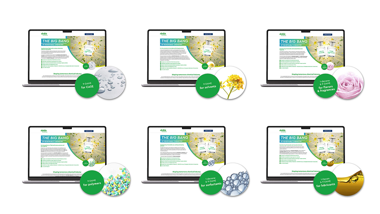 Sechs Laptop-Mockups zeigen die Verbio-Kampagne 'The Big Bang of Renewable Chemistry' für verschiedene Industriebereiche wie Polymere, Tenside und Schmierstoffe.