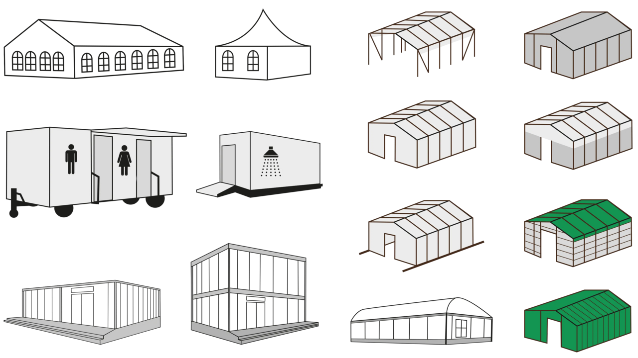Übersicht von Illustration zu den verschiedensten Zelt- und Lagertypen 