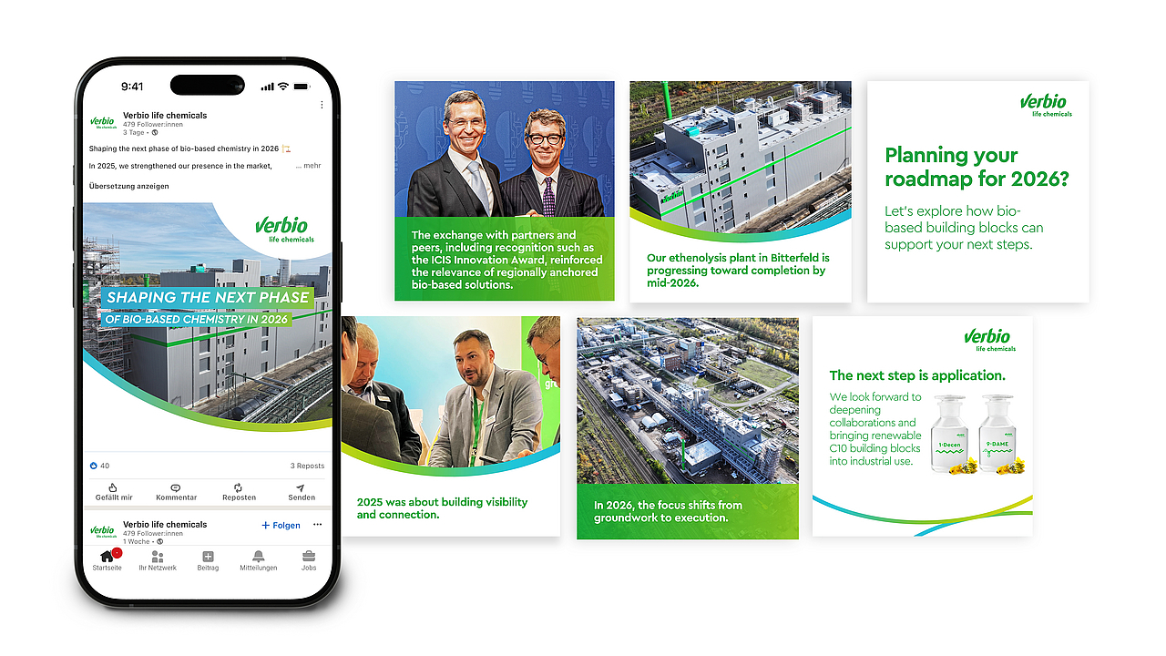 Übersicht von Verbio life chemicals LinkedIn-Posts, die ein Smartphone mit einem LinkedIn-Post, Industrieanlagen in Bitterfeld, Laborflaschen für Bio-Rohstoffe und Porträts der Geschäftsführung zeigen.