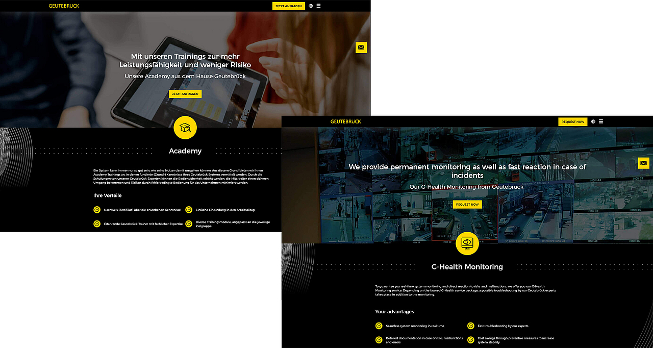 Screenshots der Geutebrück Webseite mit Fokus auf Academy Trainingsangebote und das G-Health Monitoring Dashboard zur Systemüberwachung.