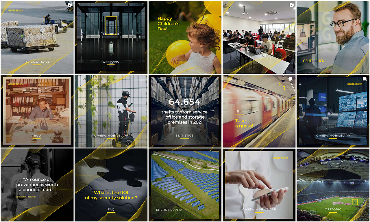 Collage des Geutebrück LinkedIn-Posts mit Anwendungsbeispielen für Videosicherheit in Logistik, Energie und Sportstätten.
