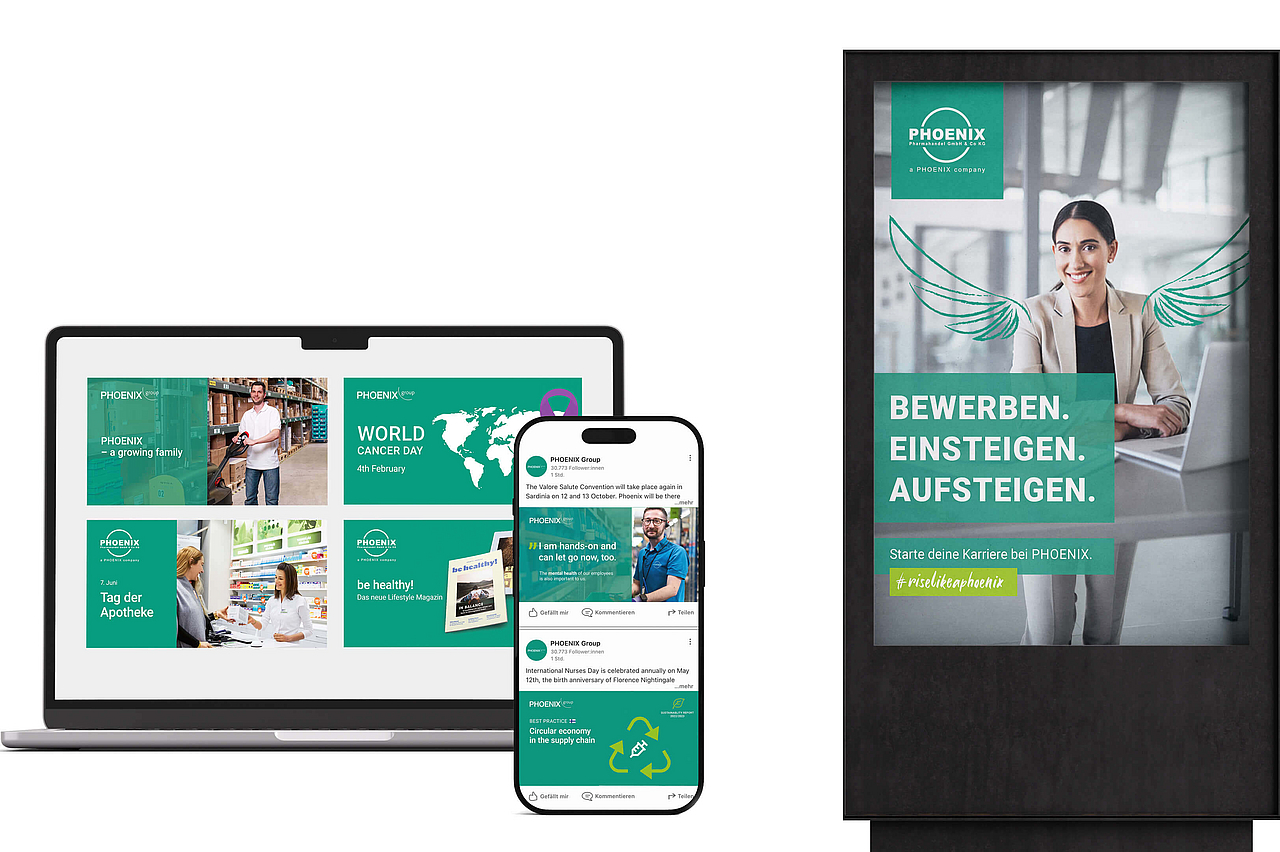Übersichtsbild der PHOENIX Group Markenkommunikation auf Laptop, Smartphone und einem Outdoor-Werbedisplay mit Fokus auf Karriere und Gesundheitsthemen.