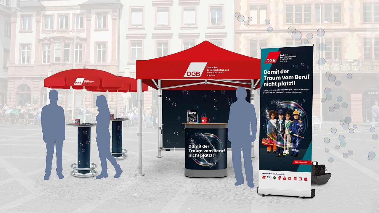 DGB Infostand im Branding der Kampagne