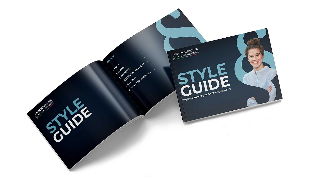 Zwei Style Guides der Finanzverwaltung NRW mit Inhaltsverzeichnis und Titelseite für Employer Branding.