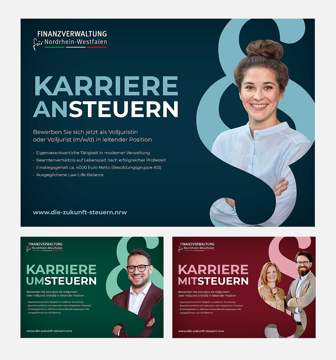 Drei Werbeplakate für Juristenstellen bei der Finanzverwaltung Nordrhein-Westfalen mit lächelnden Mitarbeitern.