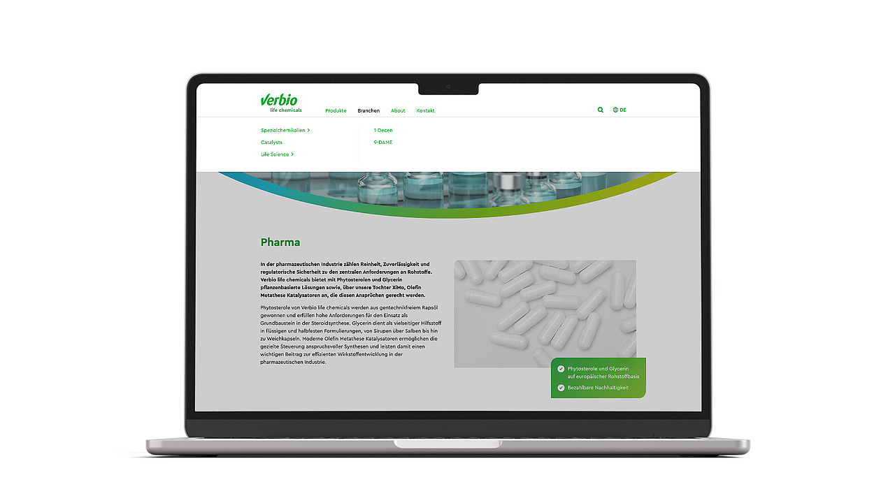 Mockup eines Laptops auf dem das Menü der Verbio Website zu sehen ist