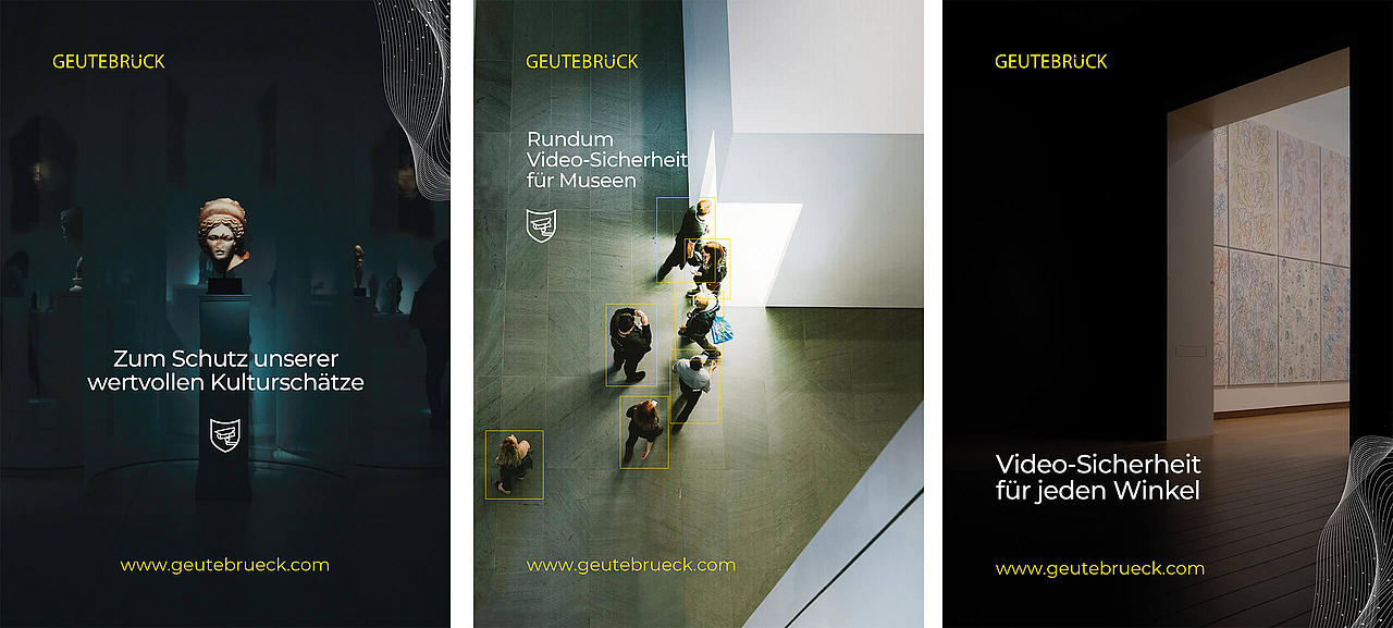 Drei Fachhandelsanzeigen von Geutebrück für Video-Sicherheit in Museen, die Exponate, eine Besucherüberwachung aus der Vogelperspektive und Galerieräume zeigen.