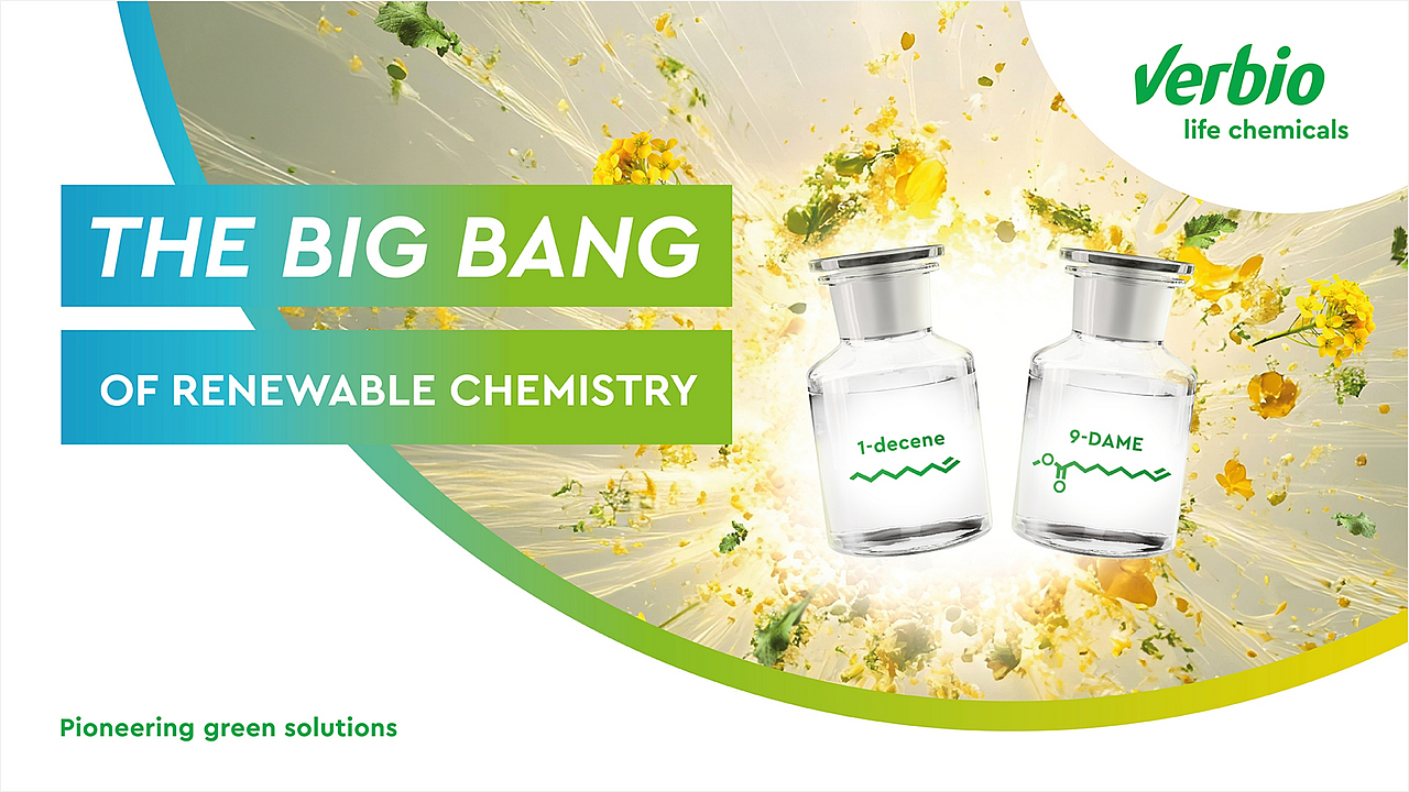 Keyvisual von Verbio Life Chemicals mit dem Titel „The Big Bang of Renewable Chemistry“. Zu sehen sind zwei Glasfläschchen mit den Beschriftungen 1-decene und 9-DAME sowie deren chemischen Strukturformeln vor einem abstrakten, hellgelben Hintergrund mit Rapsblüten.
