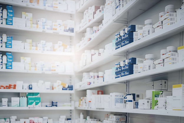 Gut sortierte weiße Regale in einer modernen Apotheke mit verschiedenen Medikamentenpackungen und pharmazeutischen Produkten.