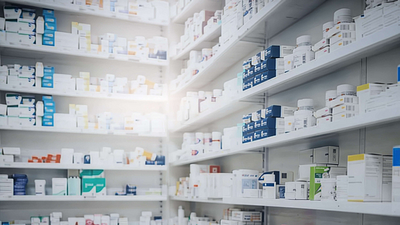 Innenansicht einer professionell organisierten Apotheke: Helle Regalsysteme präsentieren eine breite Auswahl an Arzneimitteln und Gesundheitsprodukten in einer sauberen, klinischen Umgebung.