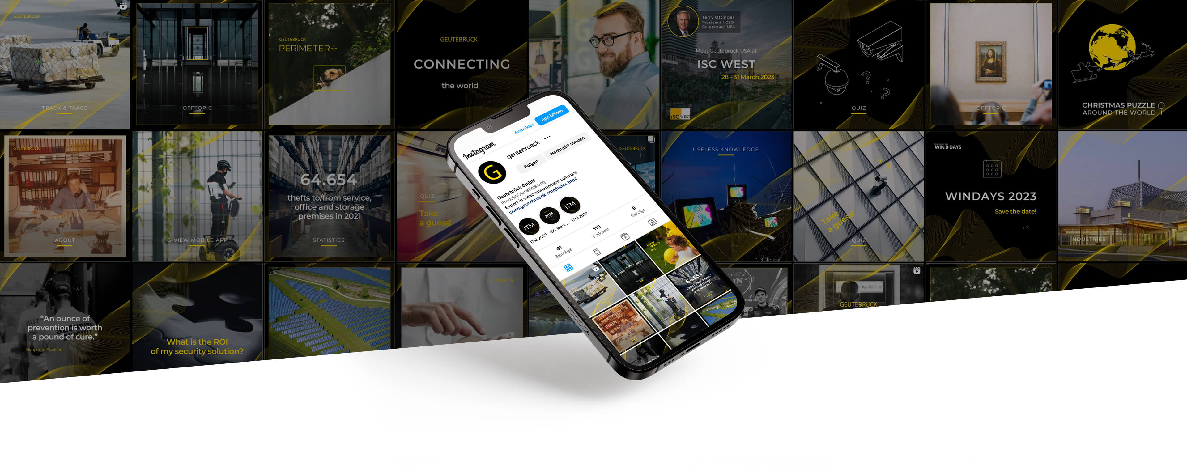 Smartphone mit dem Geutebrück Instagram-Profil vor einer Wand aus Social Media Posts mit Themen zu Videosicherheit, KI-Analytik und Logistiklösungen.