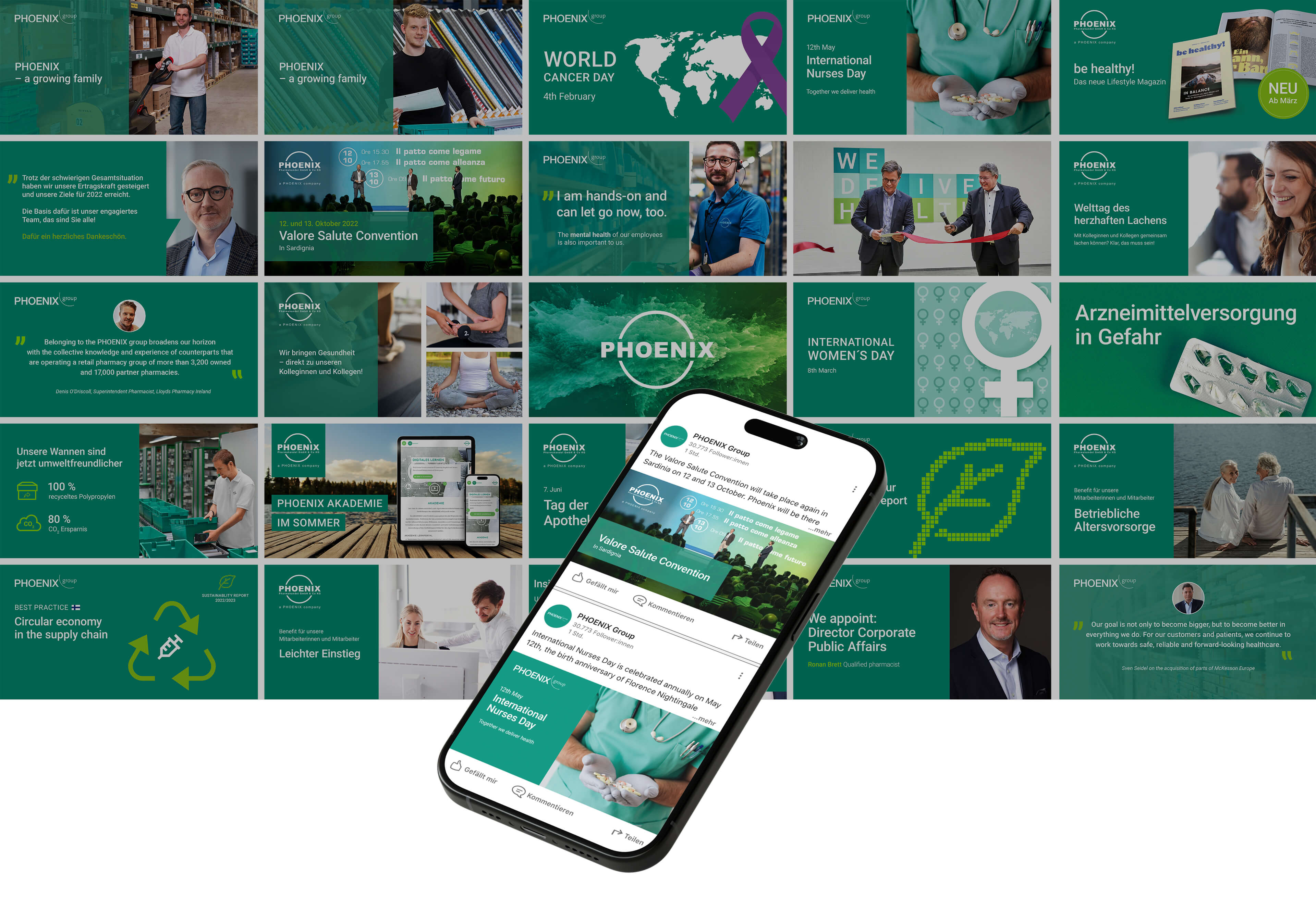 Collage aus grünen Social-Media-Beiträgen der PHOENIX Group; im Vordergrund ein Smartphone, das ein LinkedIn-Profil mit Beiträgen zur Valore Salute Convention zeigt.