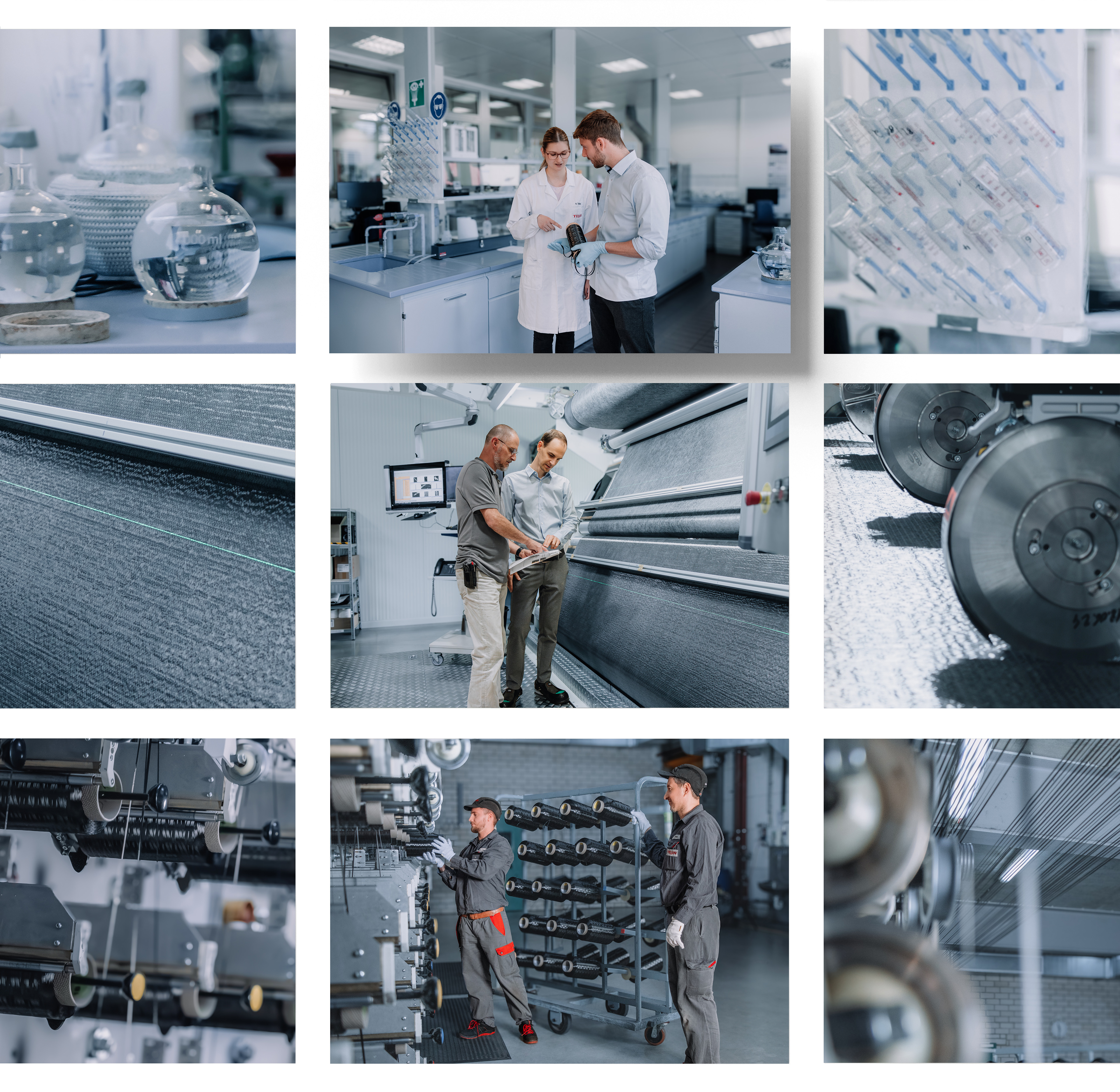 Mosaik-Collage zeigt Wissenschaftler im Labor bei der Materialprüfung sowie Techniker an industriellen Webmaschinen und Produktionsanlagen für technische Textilien.
