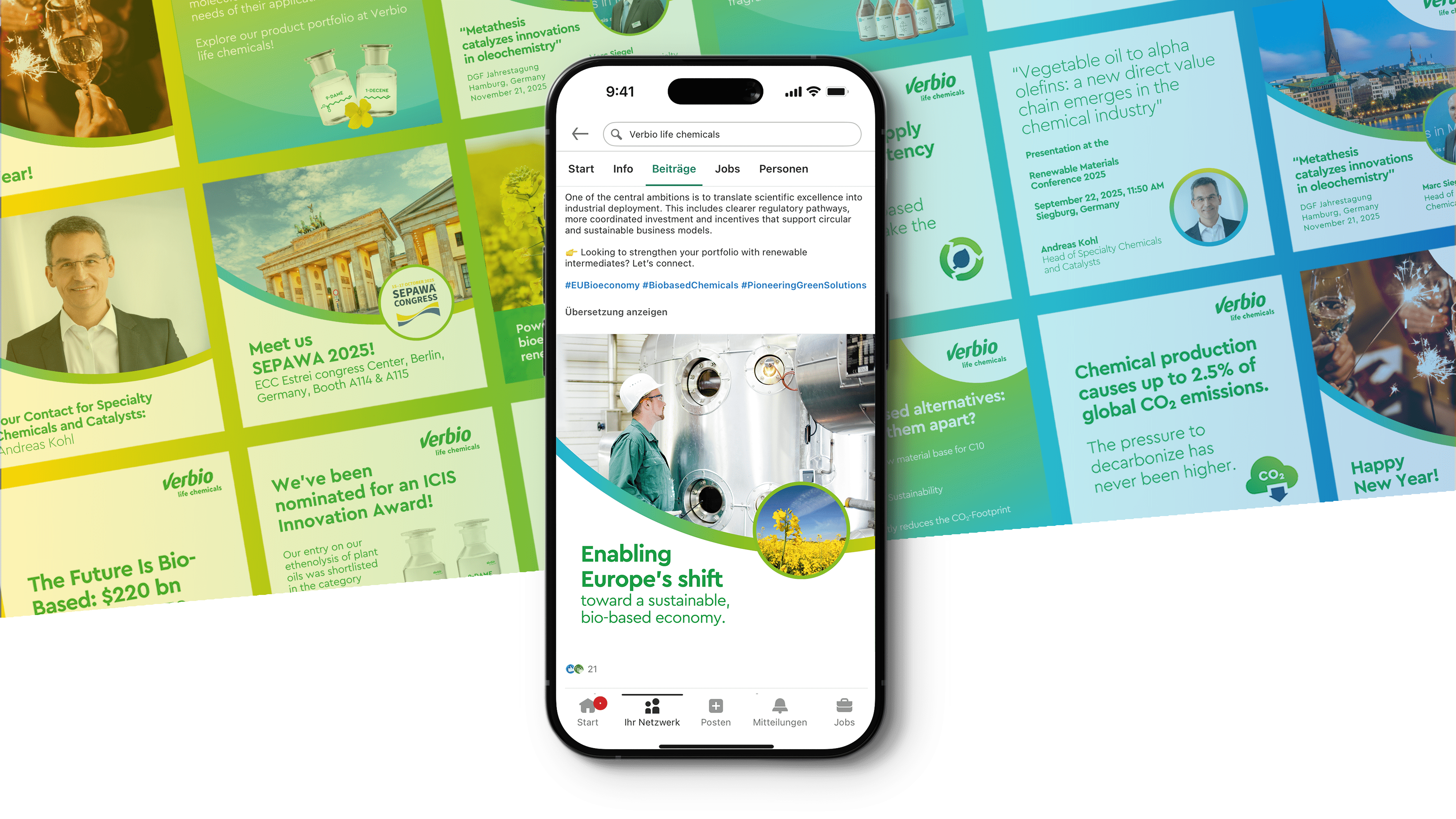 Ein Smartphone zeigt das LinkedIn-Profil von Verbio life chemicals vor einer Collage aus Postern zu biobasierter Chemie und Nachhaltigkeits-Innovationen.